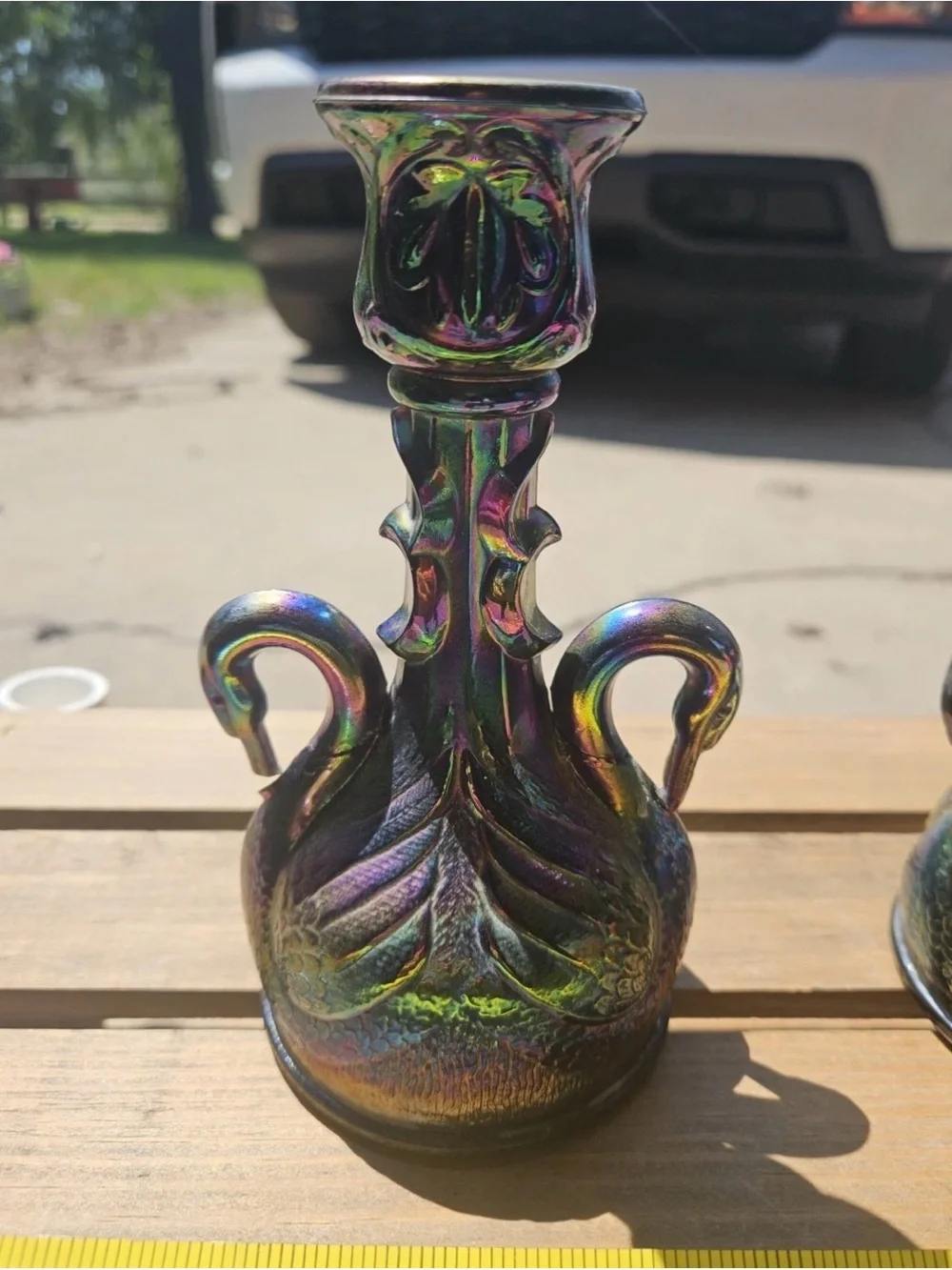 Fenton Carnival Glass Swan Candlesticks Pair Iridescent - repaired